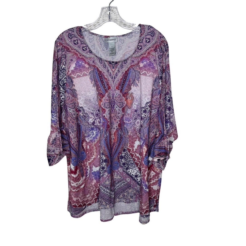 Catherines 1X Paisley Print‎ 3/4 Sleeve Top Women Boho Artsy